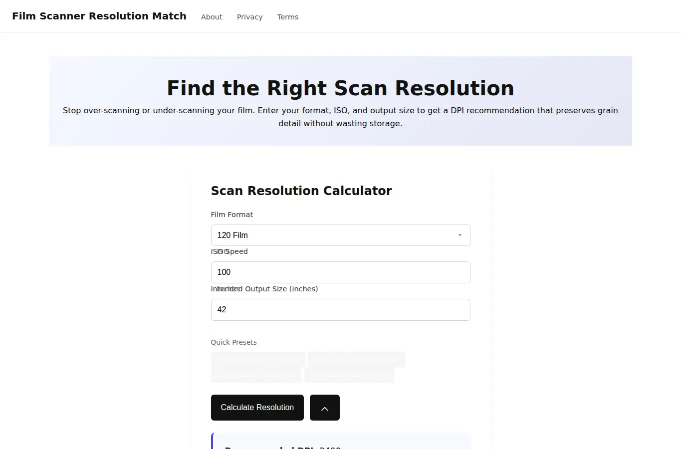 Screenshot of Film Scanner Resolution Match interface showing the project page in use